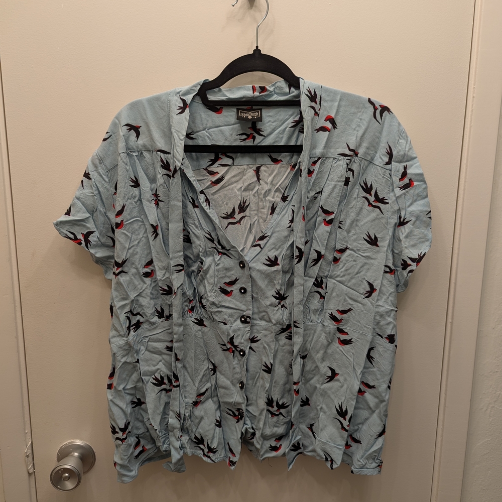 Blue Bird Print Button-Up Shirt